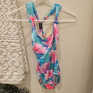 Girls' Floral Blue-Pink One-Piece Swimsuit with Twist Back